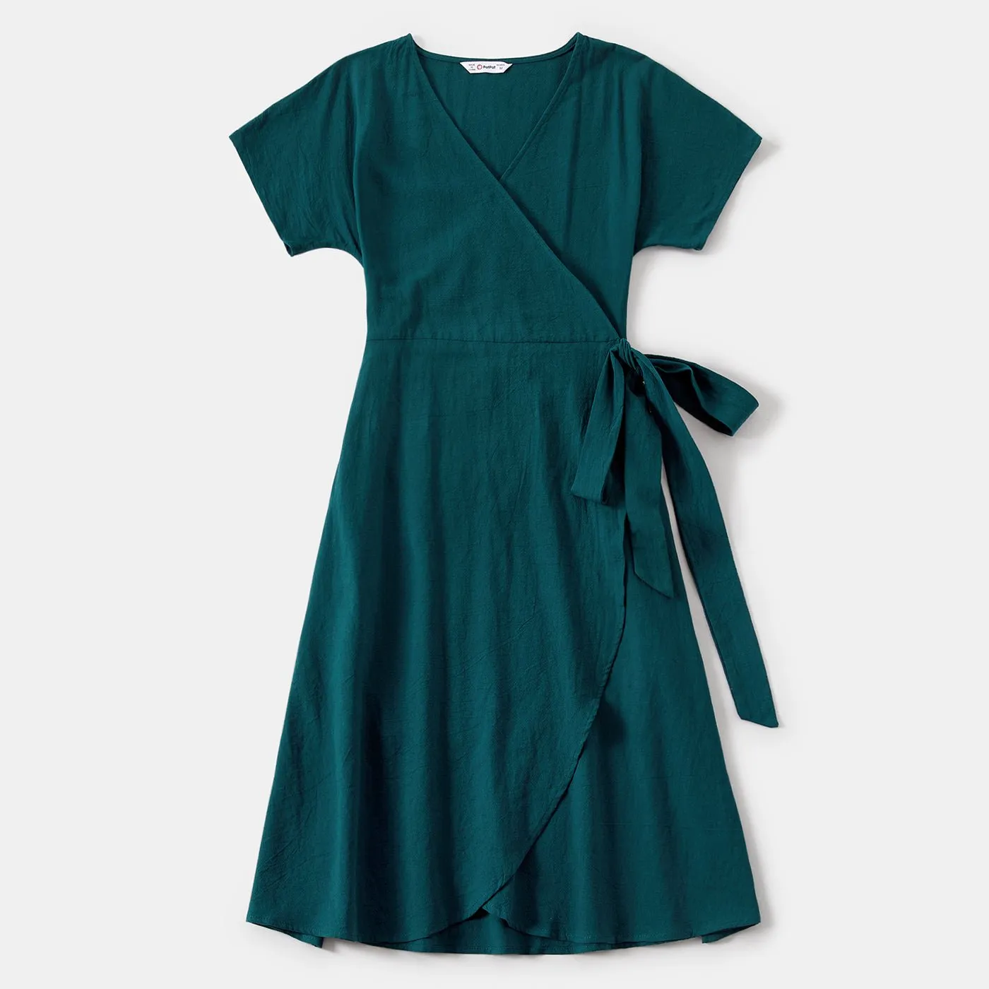 100% Cotton Family Matching Short-sleeve Belted Wrap Dresses and Color Block T-shirts Sets
