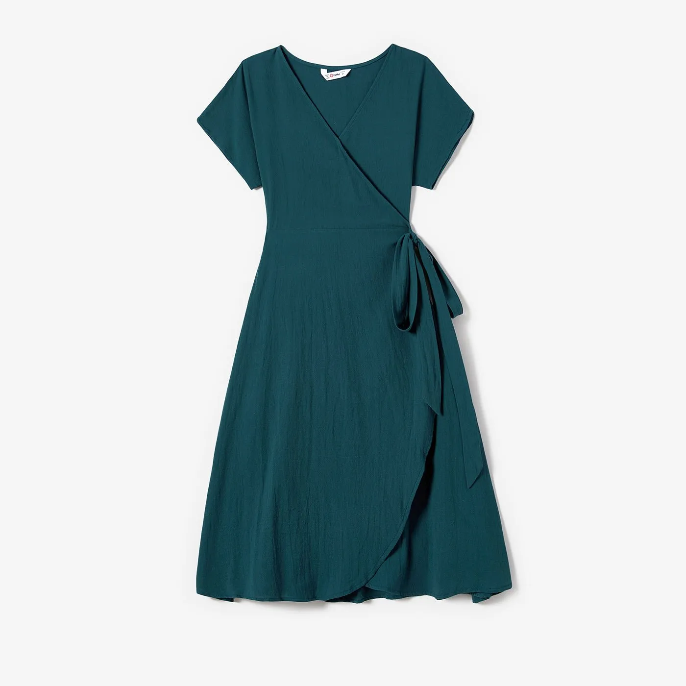 100% Cotton Family Matching Short-sleeve Belted Wrap Dresses and Color Block T-shirts Sets