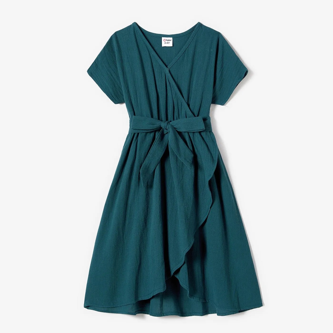 100% Cotton Family Matching Short-sleeve Belted Wrap Dresses and Color Block T-shirts Sets