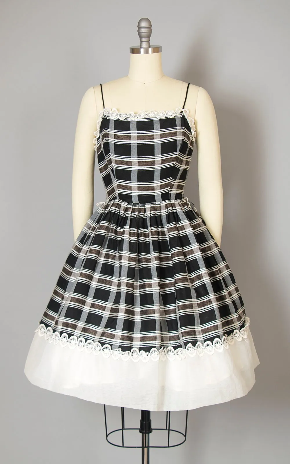 1950s Lace Trimmed Plaid Sundress | x-small