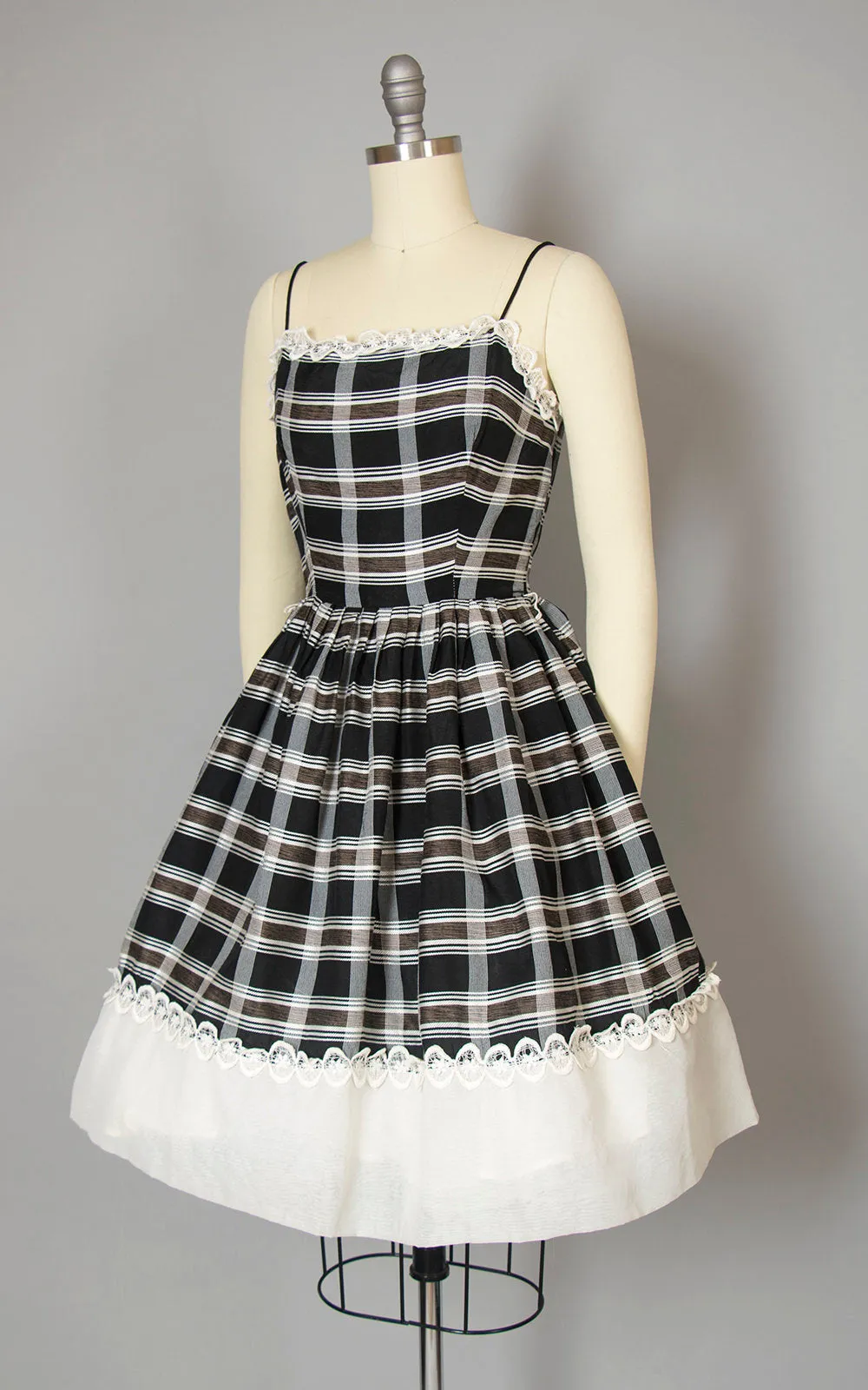 1950s Lace Trimmed Plaid Sundress | x-small