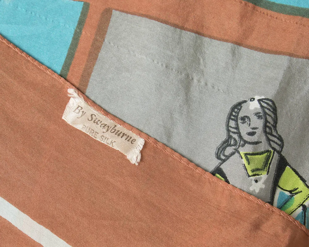 1960s Silk Royal Court Novelty Print Scarf