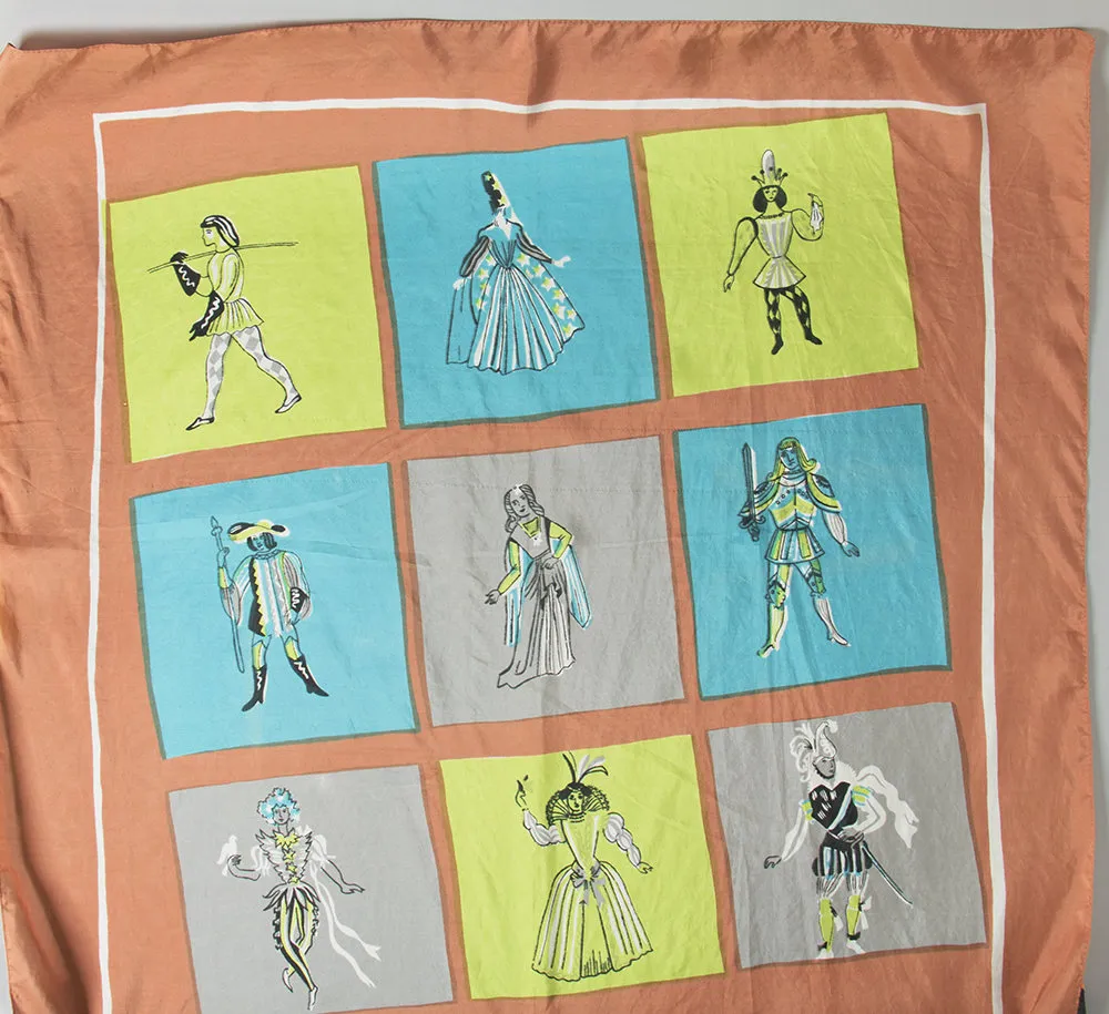 1960s Silk Royal Court Novelty Print Scarf