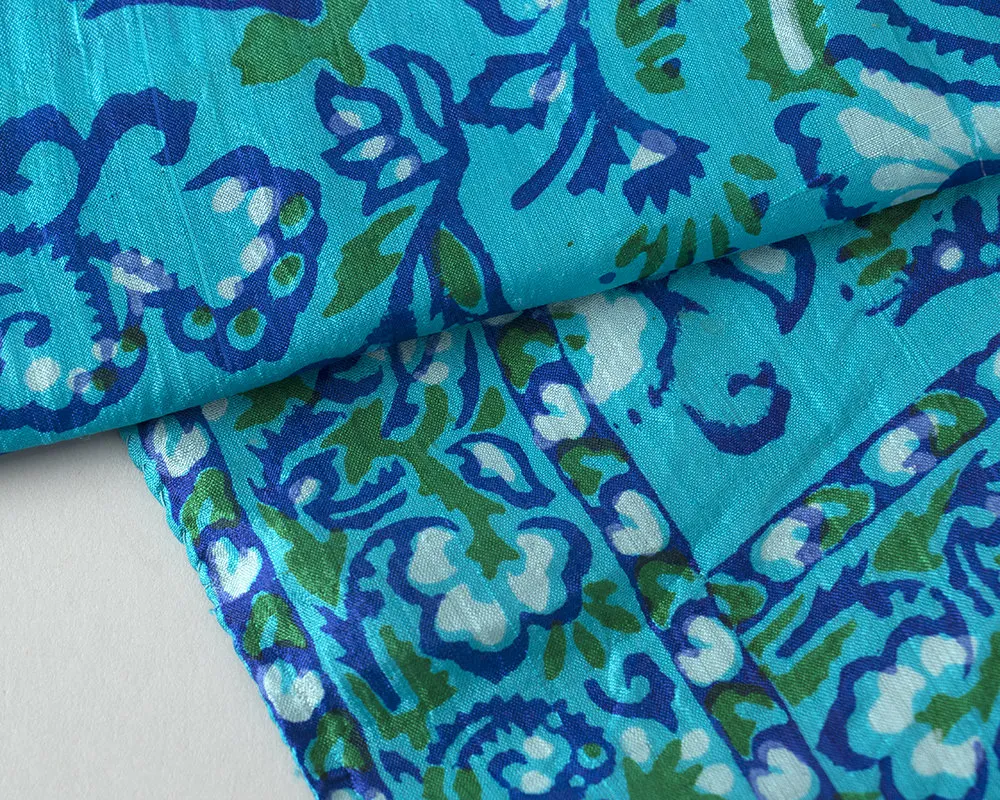 1970s Indian Silk Blue Floral Scarf