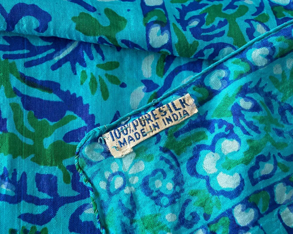 1970s Indian Silk Blue Floral Scarf