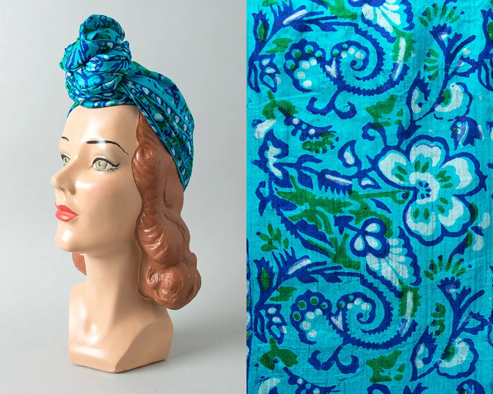 1970s Indian Silk Blue Floral Scarf
