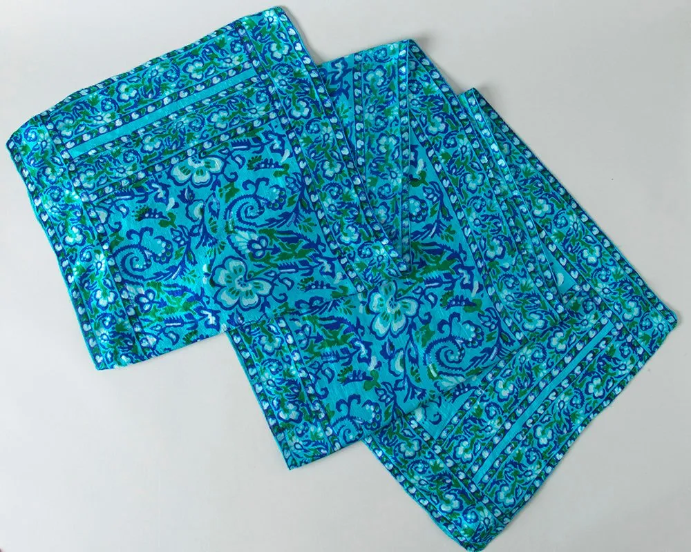 1970s Indian Silk Blue Floral Scarf