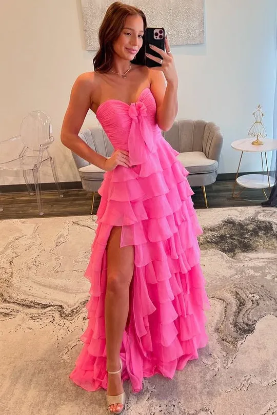 A-Line Strapless Sweetheart Tiered Pink Chiffon Side Slit Long Formal Prom Dress