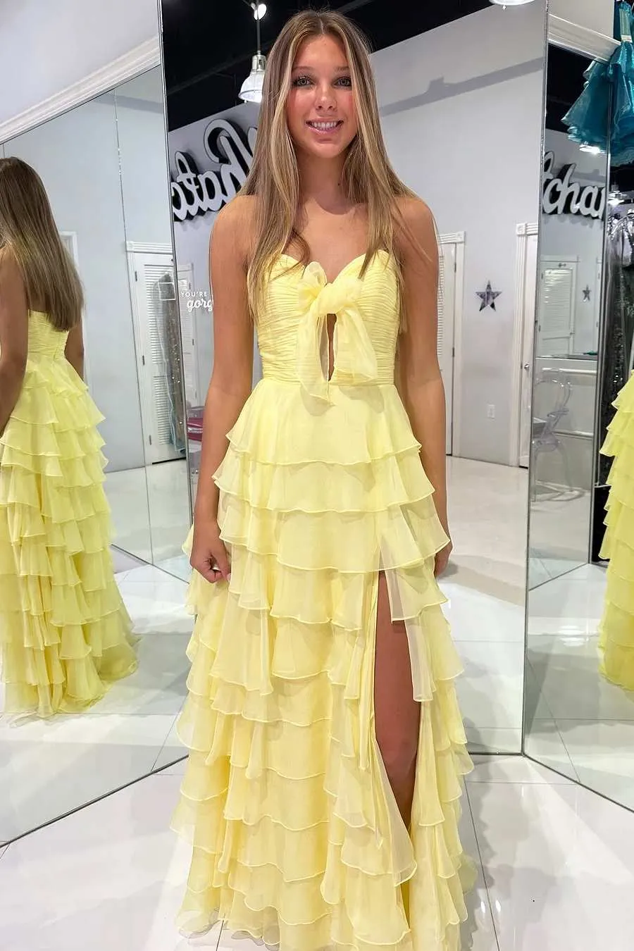 A-Line Strapless Sweetheart Tiered Pink Chiffon Side Slit Long Formal Prom Dress