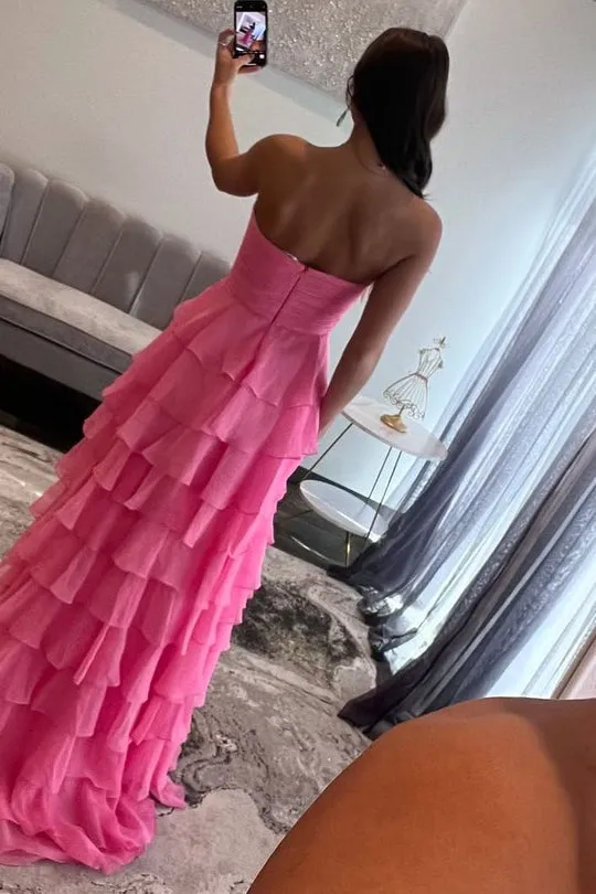 A-Line Strapless Sweetheart Tiered Pink Chiffon Side Slit Long Formal Prom Dress