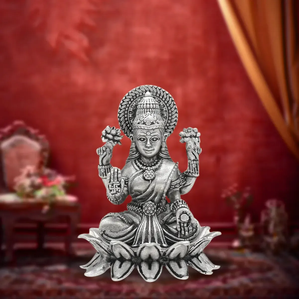 Antique 925 Silver Matte Lakshmi Idol