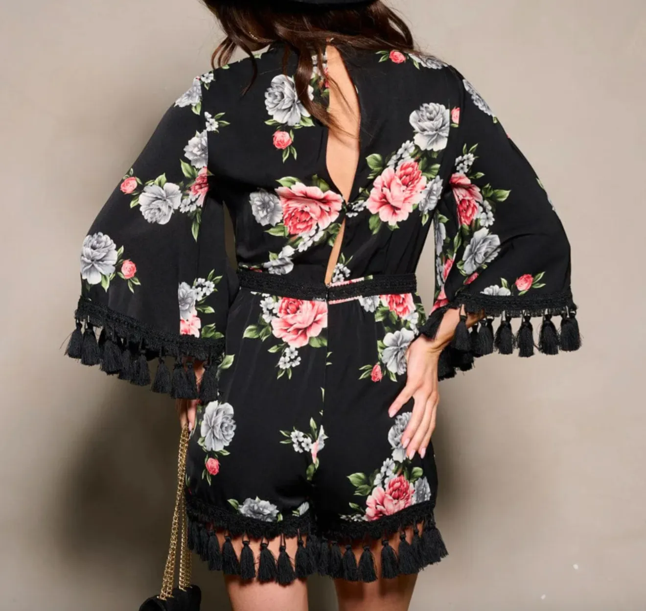 Boho Bliss: 3/4 Sleeves Open Back Tassel Floral Romper
