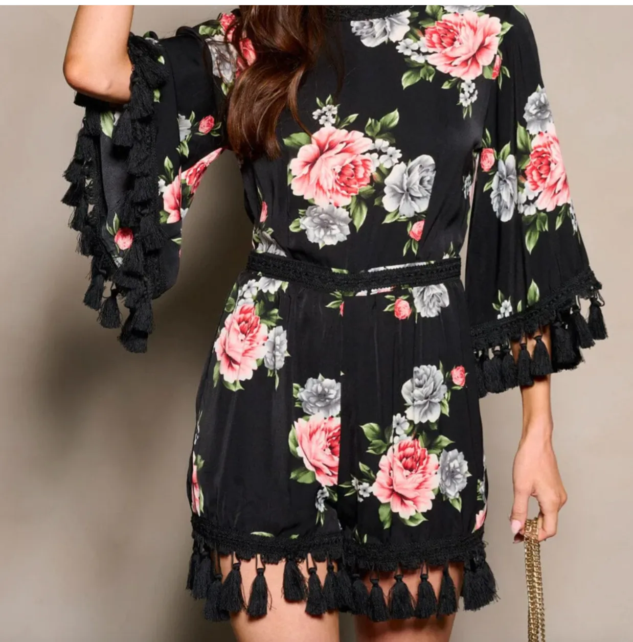 Boho Bliss: 3/4 Sleeves Open Back Tassel Floral Romper