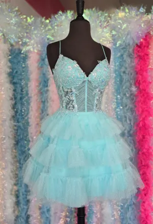Colors 3346 Size 8 Mint Short Ruffle Layer Short dress A Line Lace Corset Pleated Fit & Flare Gown Formal