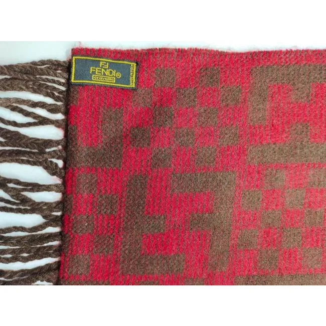Fendi Red Brown Zucca Print Logo Wool Scarf