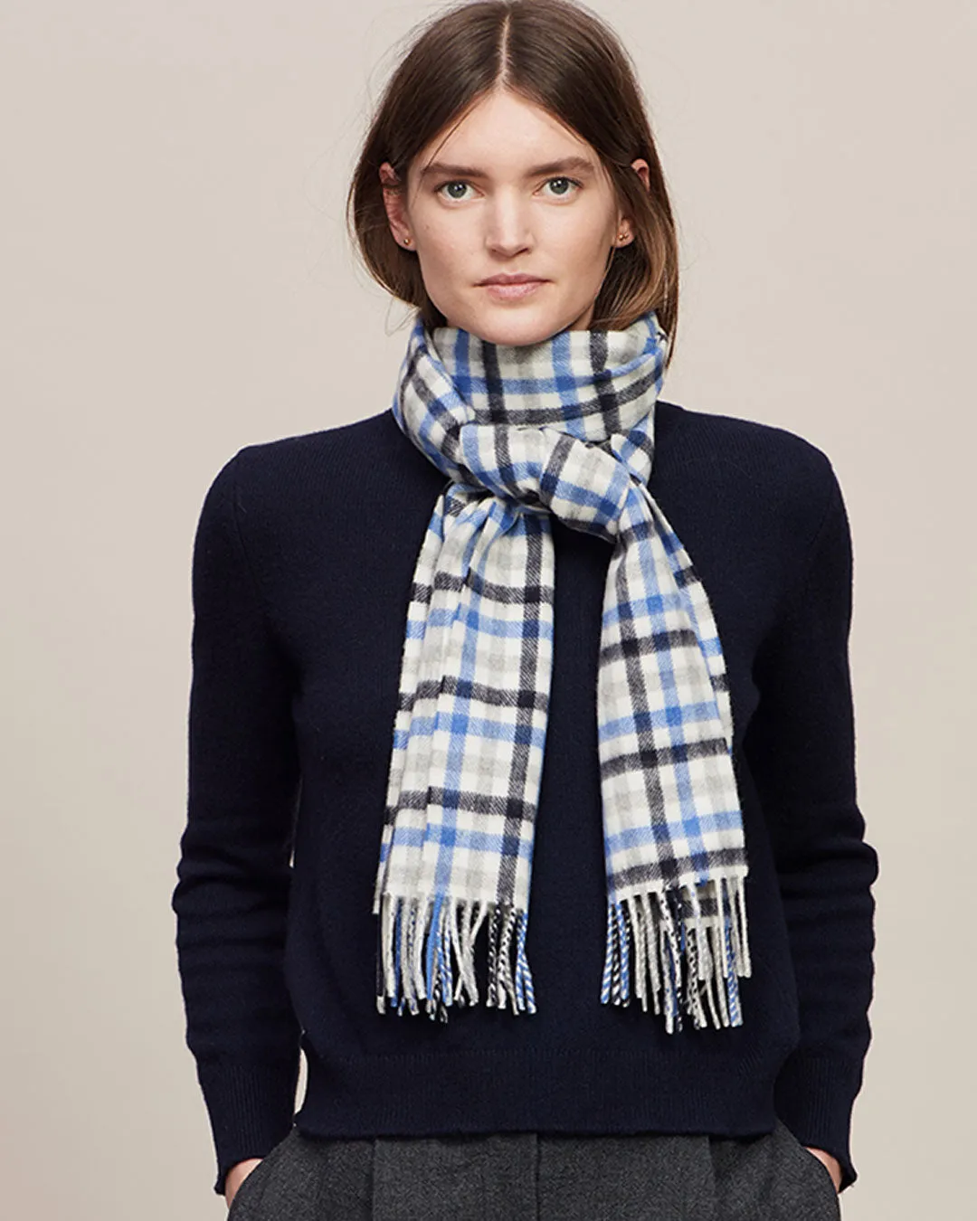 Joshua Ellis Grey X Red Classic Check Brushed Cashmere Scarf