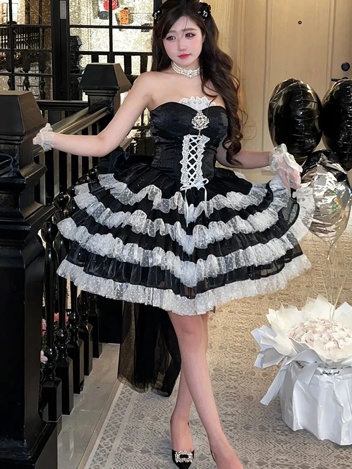 Shimmering Black Corset Waist Layered Skirt Strapless Party Dress